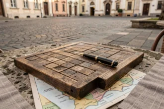 Grille de mots croisés en bois posée sur une table en pierre avec une carte des villes roumaines en arrière-plan