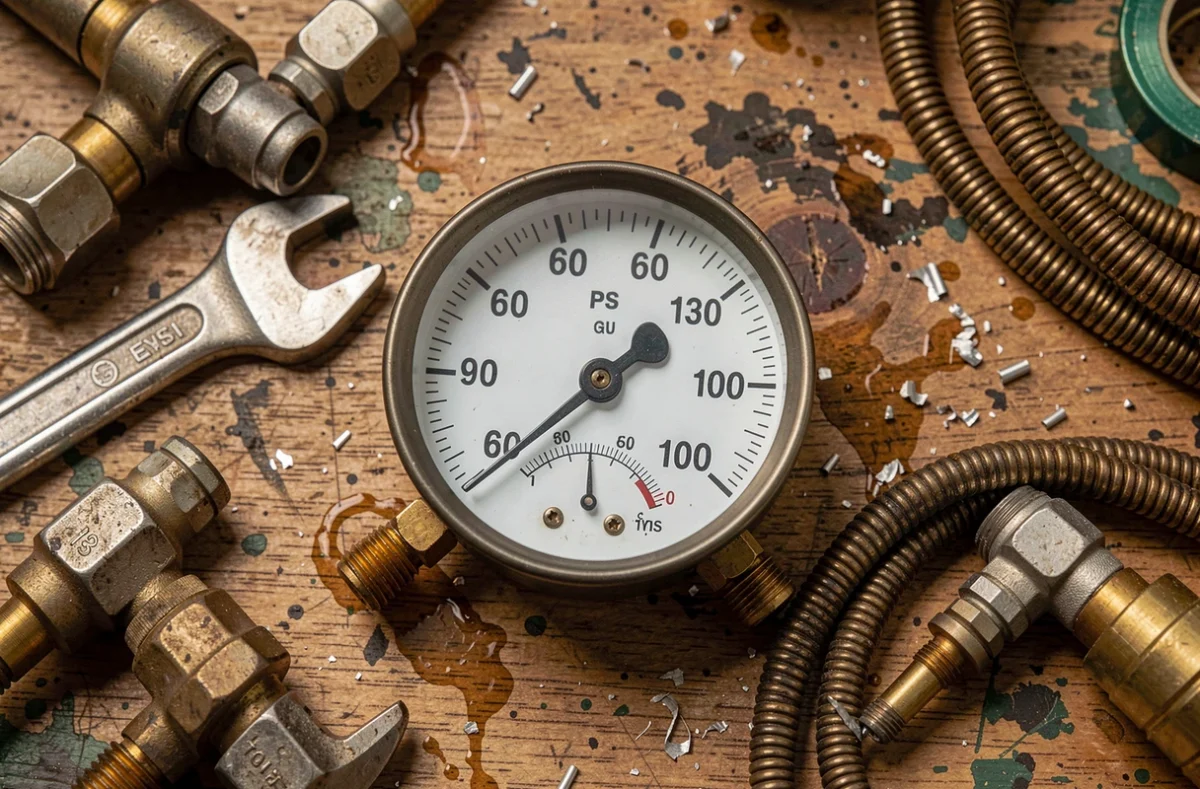 Gros plan sur un manomètre analogique double échelle affichant 69 psi et la valeur correspondante en bar sur un établi d'atelier