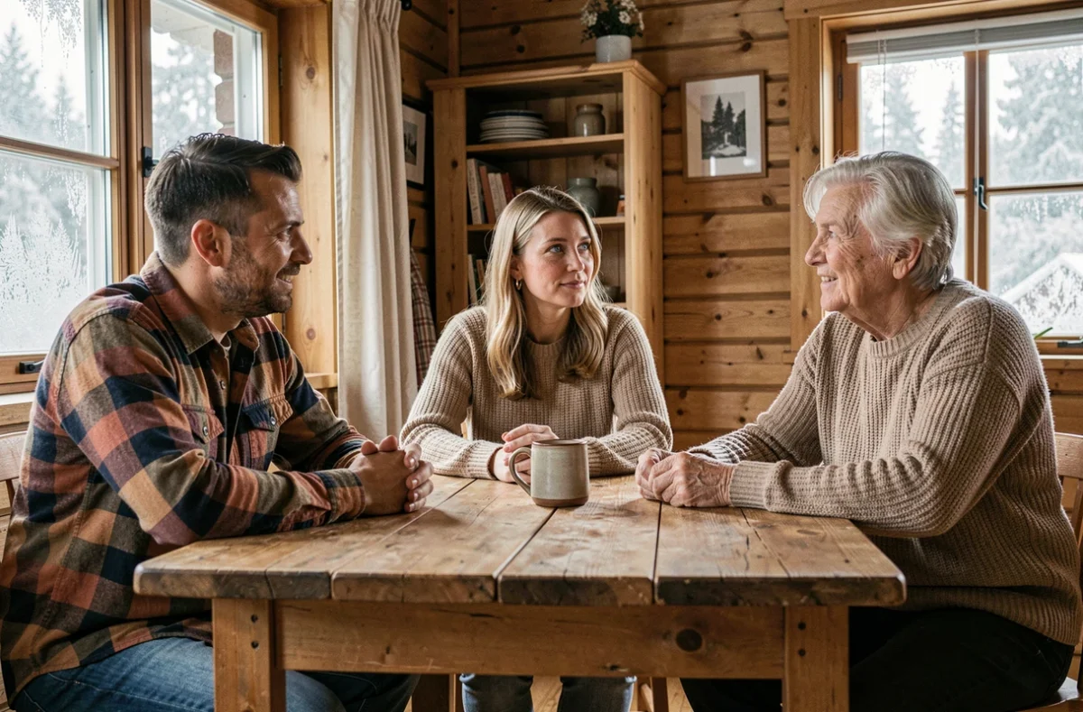 Groupe de trois adultes finlandais aux yeux bleus réunis autour d'une table en bois dans un chalet nordique, évoquant la génétique et la prévalence des yeux bleus dans les pays du nord de l'Europe