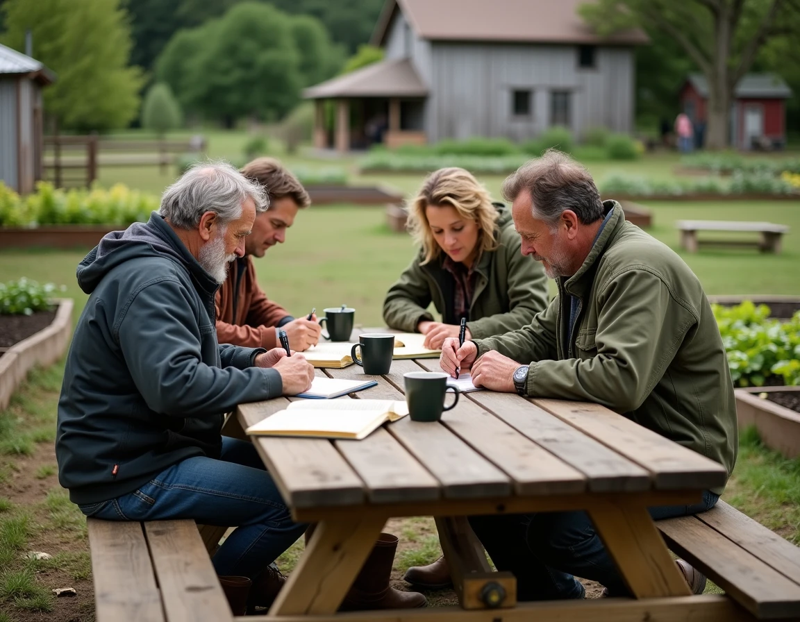 Groupe d'agriculteurs réunis autour d'une table en plein air pour échanger des savoirs sur l'agriculture durable