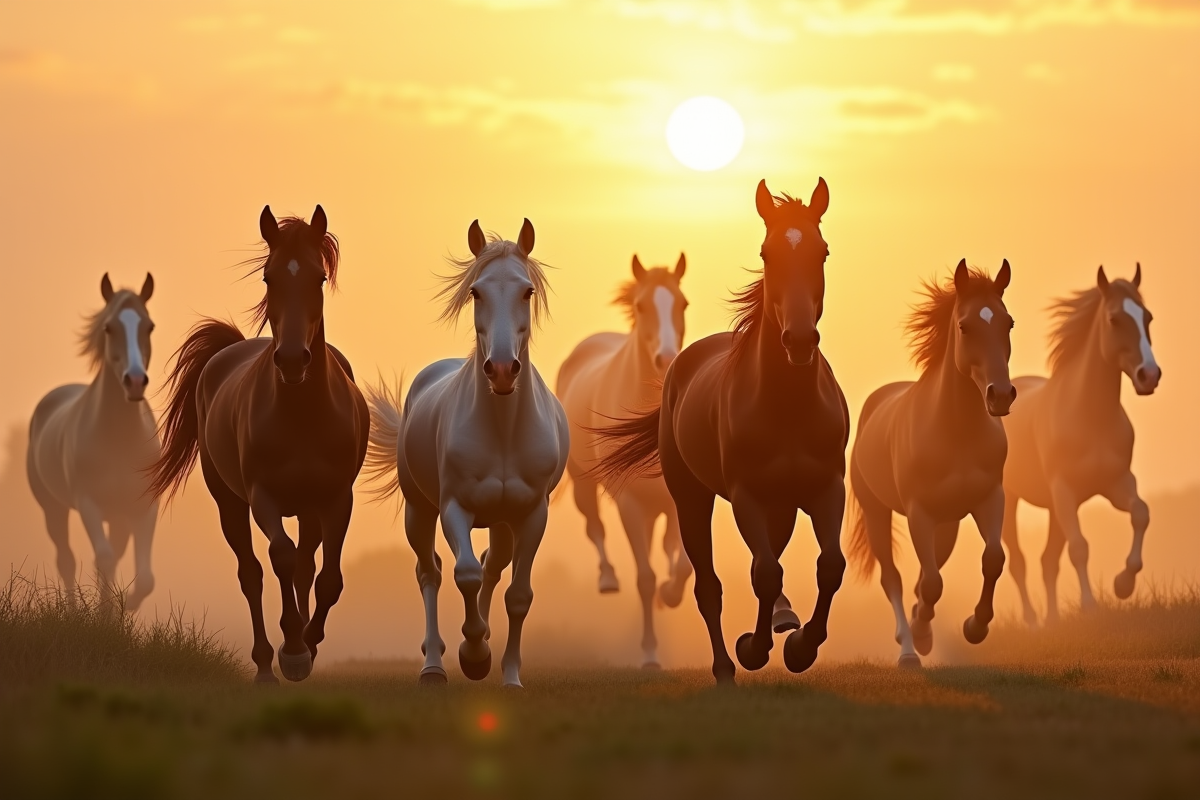 Groupe de chevaux courant dans une prairie au lever du soleil