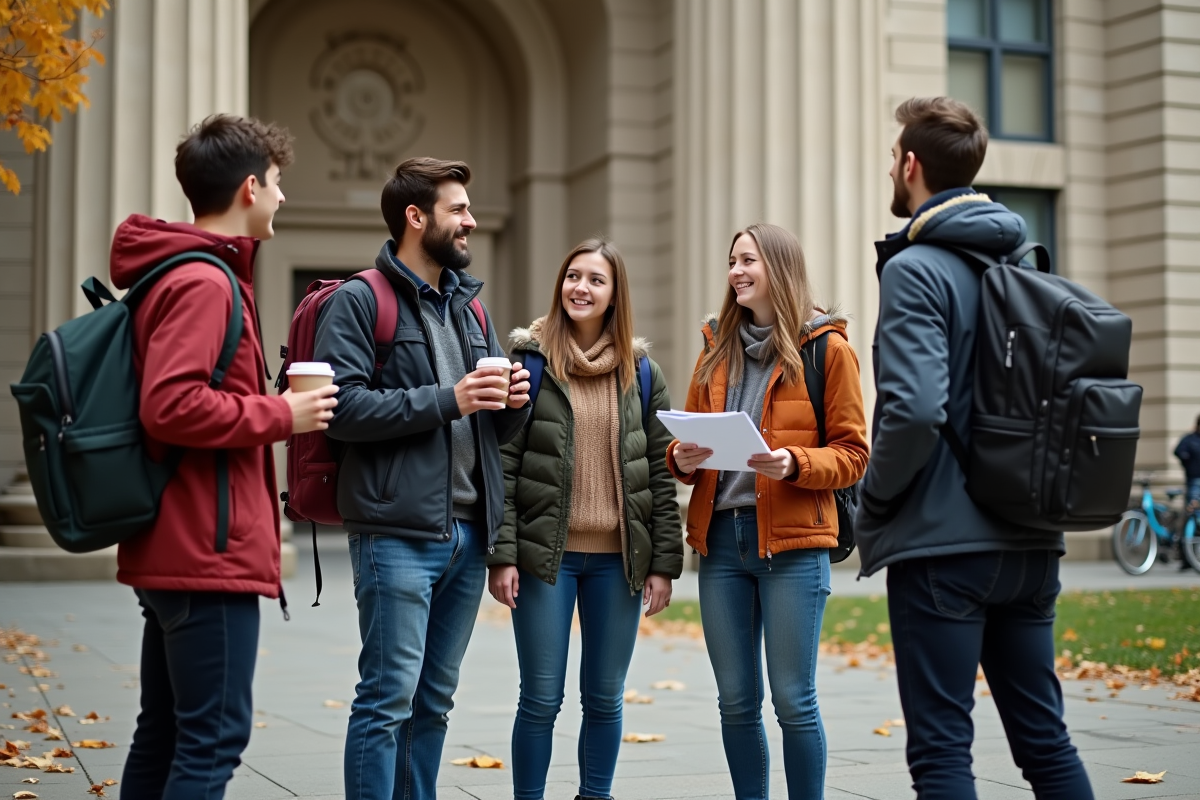 Groupe d etudiants divers devant un batiment universitaire