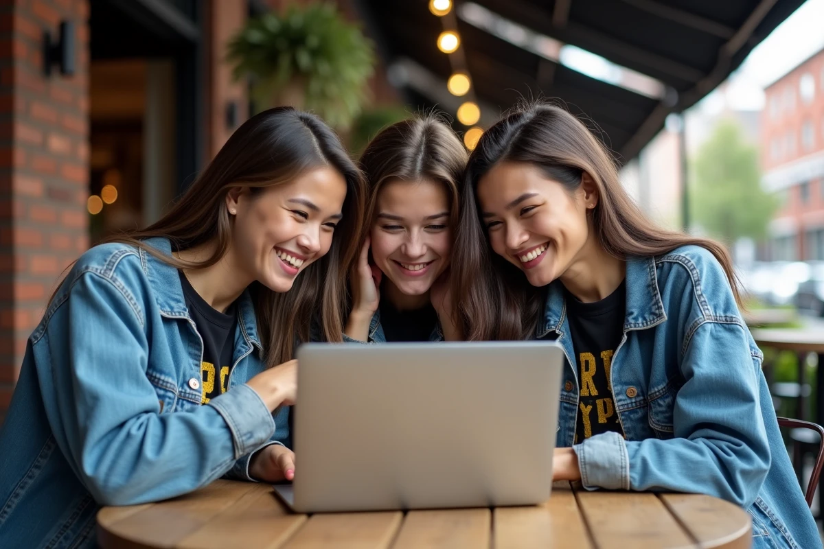 Groupe de fans réunis autour d'un ordinateur portable consultant le site fan kellanlutz.fr dans un café
