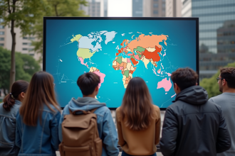 Jeunes adultes autour d'une carte digitale en ville