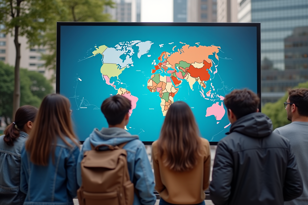 Jeunes adultes autour d'une carte digitale en ville