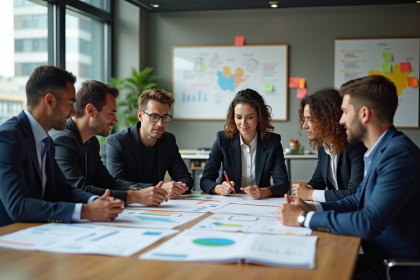 Groupe de professionnels en réunion autour de tableaux innovants