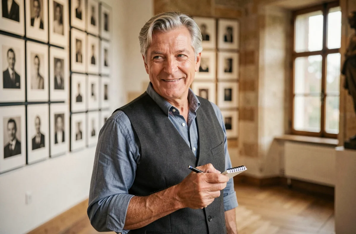 Henri Deroche Photographe debout devant un mur de portraits en noir et blanc dans une galerie ligérienne, carnet en main, sourire chaleureux