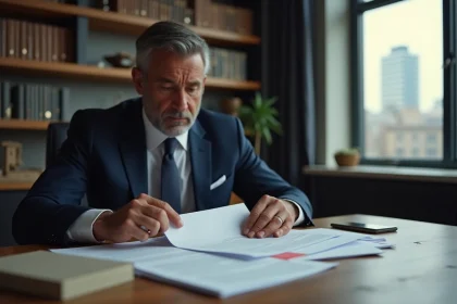 Homme d'affaires en costume examine des documents légaux