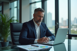 Homme d'affaires en costume bleu regardant des graphiques financiers