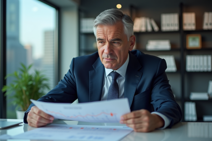 Homme d'affaires en costume analysant des graphiques de taux d'intérêt