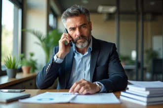 Homme d'affaires italien au bureau moderne en train de téléphoner