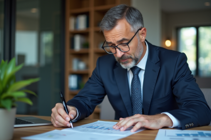Homme d'affaires en costume lisant des documents financiers