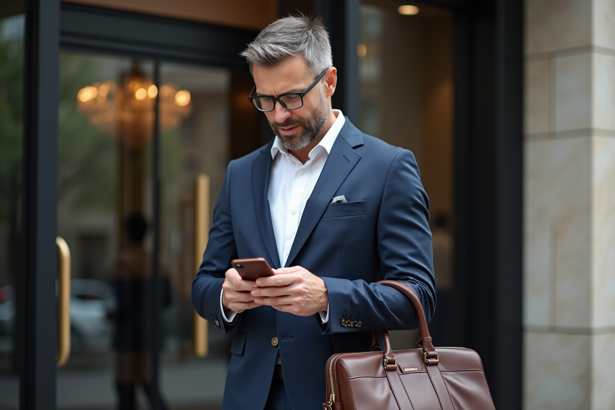 Homme d'affaires en costume regardant son smartphone