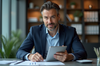Homme d'affaires en costume navy dans un bureau moderne