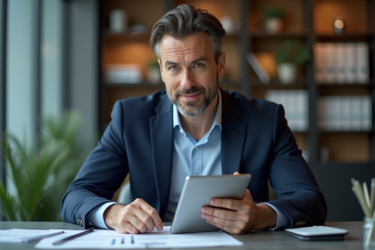 Homme d'affaires en costume navy dans un bureau moderne