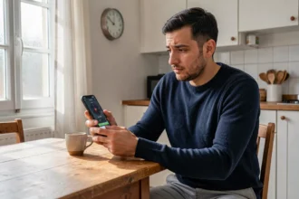 Homme musulman consultant une application d'heure de prière sur smartphone dans un appartement à Rennes