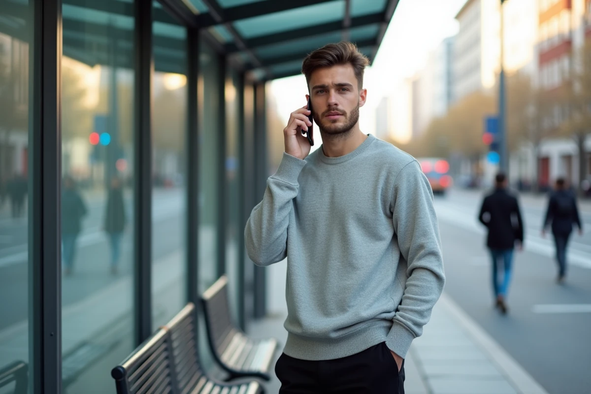 Jeune homme au téléphone à un arrêt de bus en ville