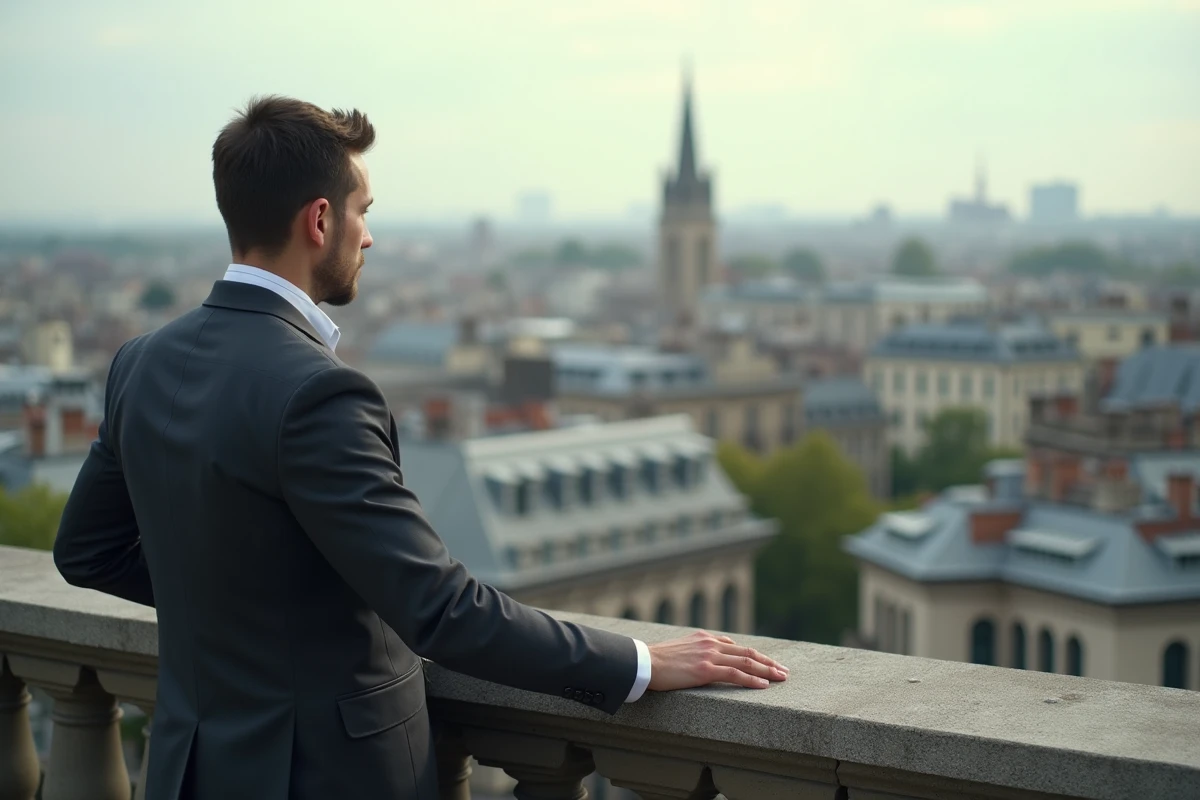 Homme en costume décontracté sur un balcon urbain