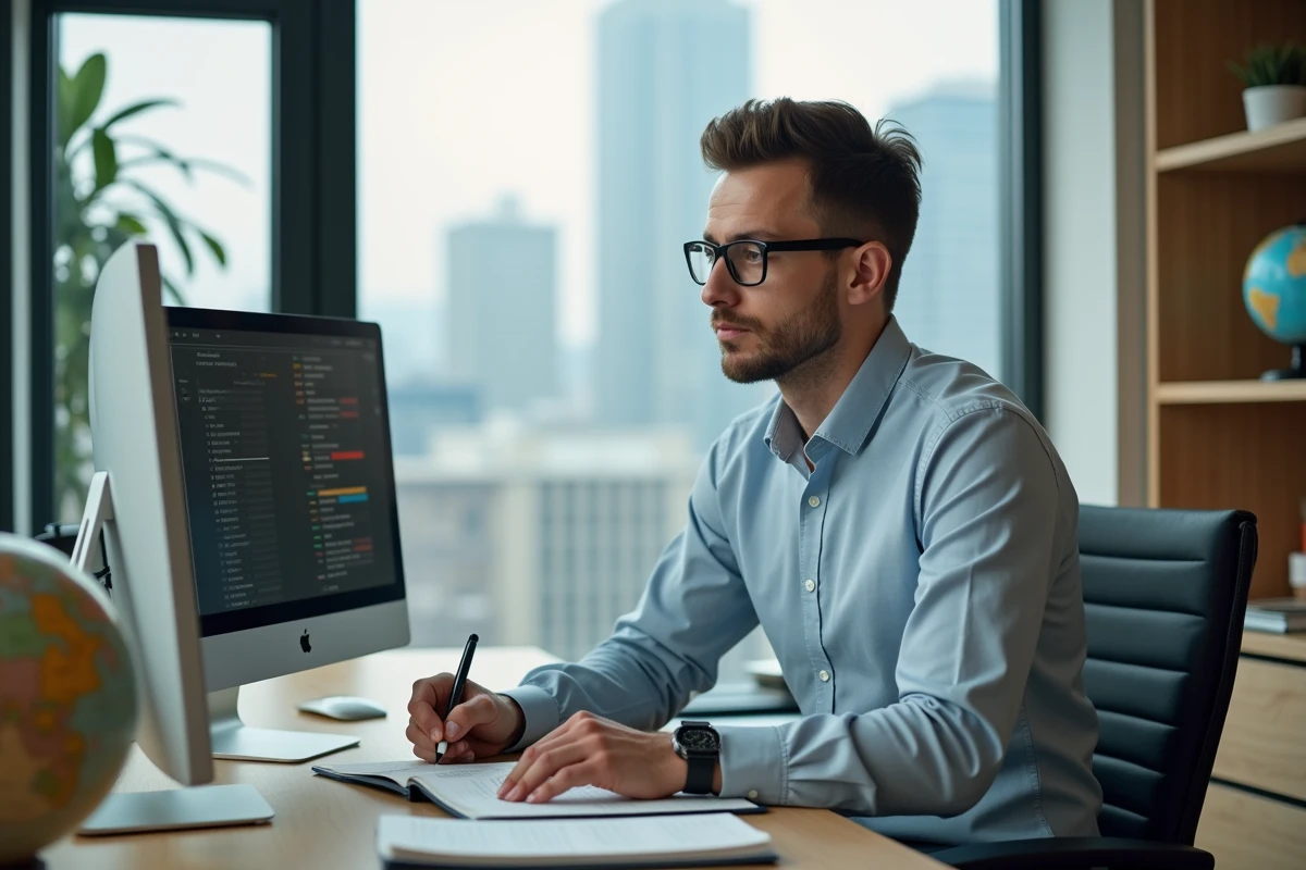 Homme en bureau moderne regardant ses écrans et prenant des notes