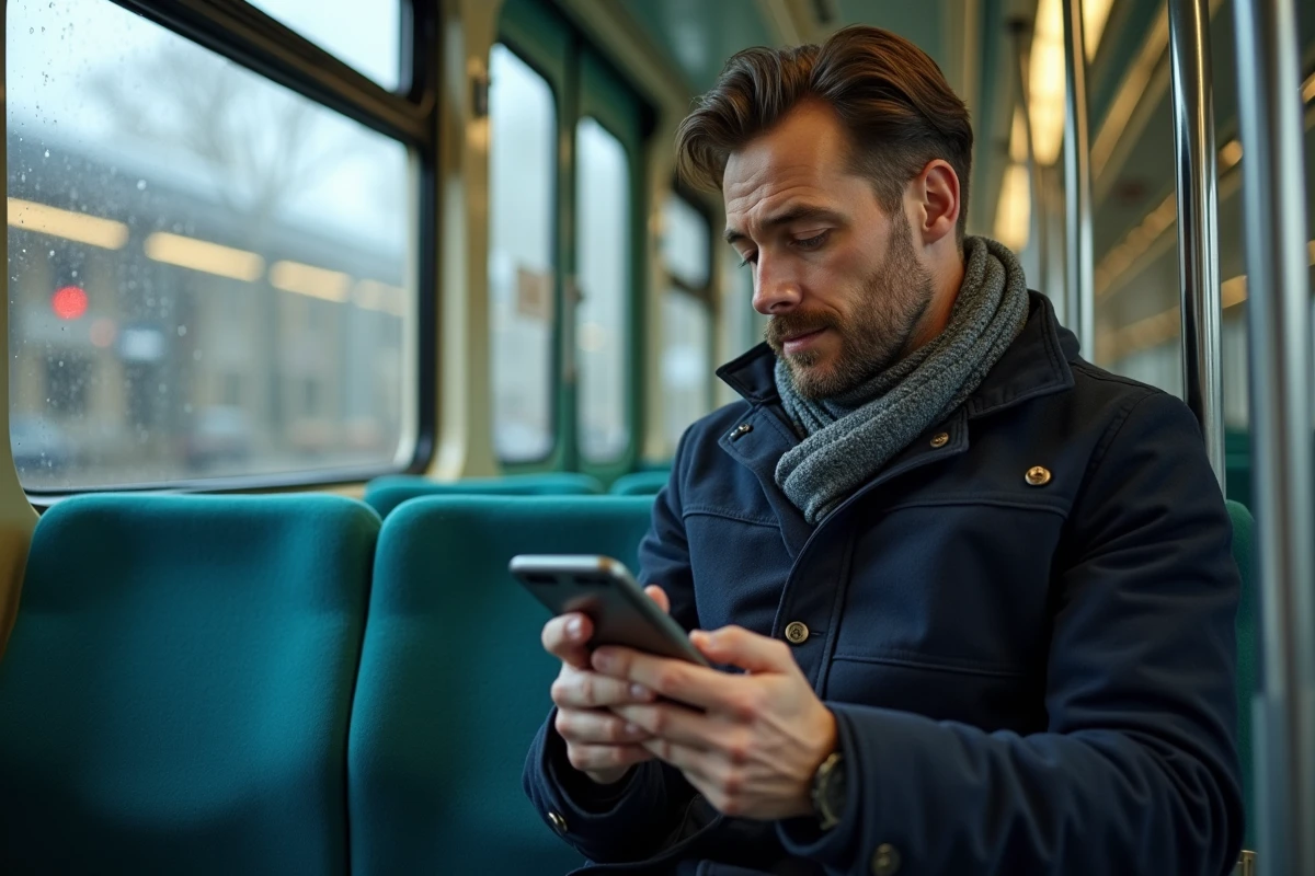 Homme dans un wagon RER consultant une carte Île-de-France hors ligne sur son téléphone