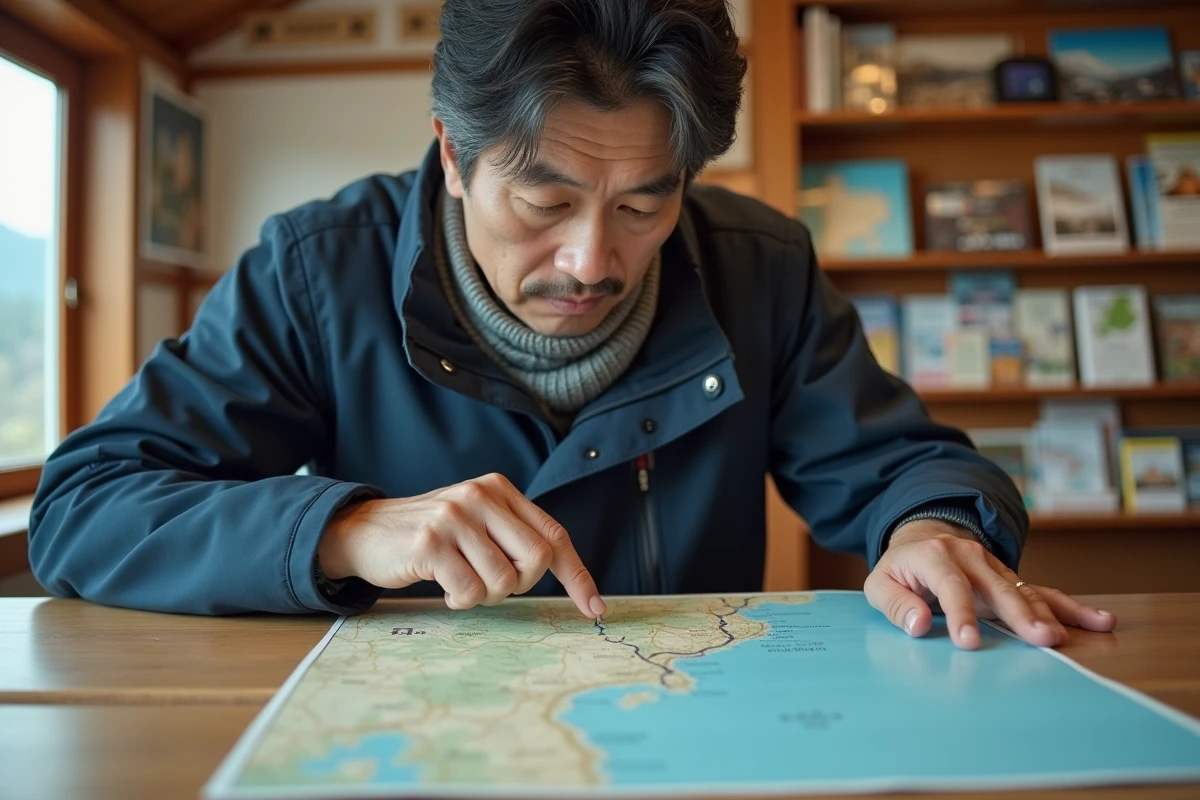 Un homme japonais consulte une carte détaillée de la région Tohoku dans un centre d'information touristique rural au Japon