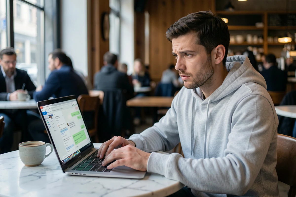 Homme utilisant le chat en ligne du service client AliExpress dans un café