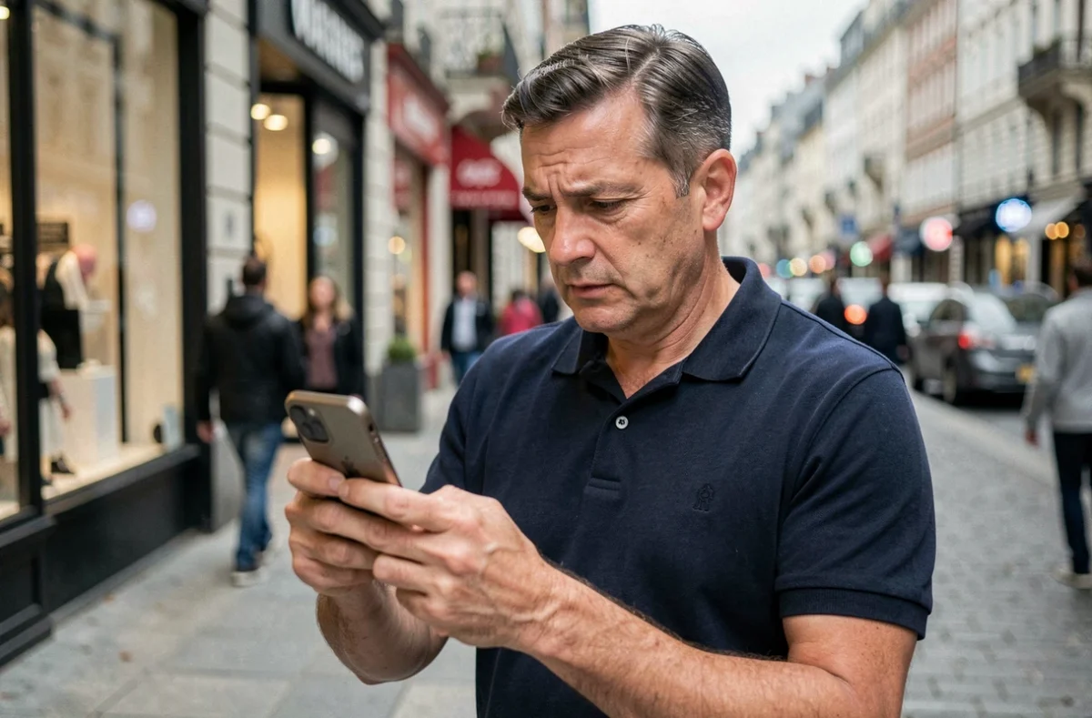 Homme cherchant son numéro Lyca dans la rue avec son téléphone portable