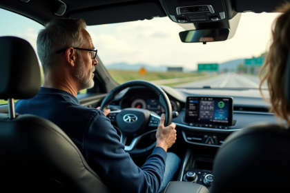 Homme d'âge moyen dans une voiture hybride moderne
