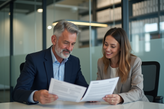 Homme en costume bleu examinant documents de prêt immobilier