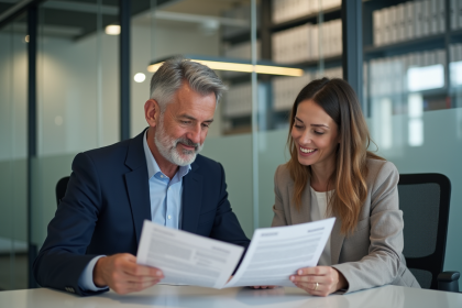 Homme en costume bleu examinant documents de prêt immobilier