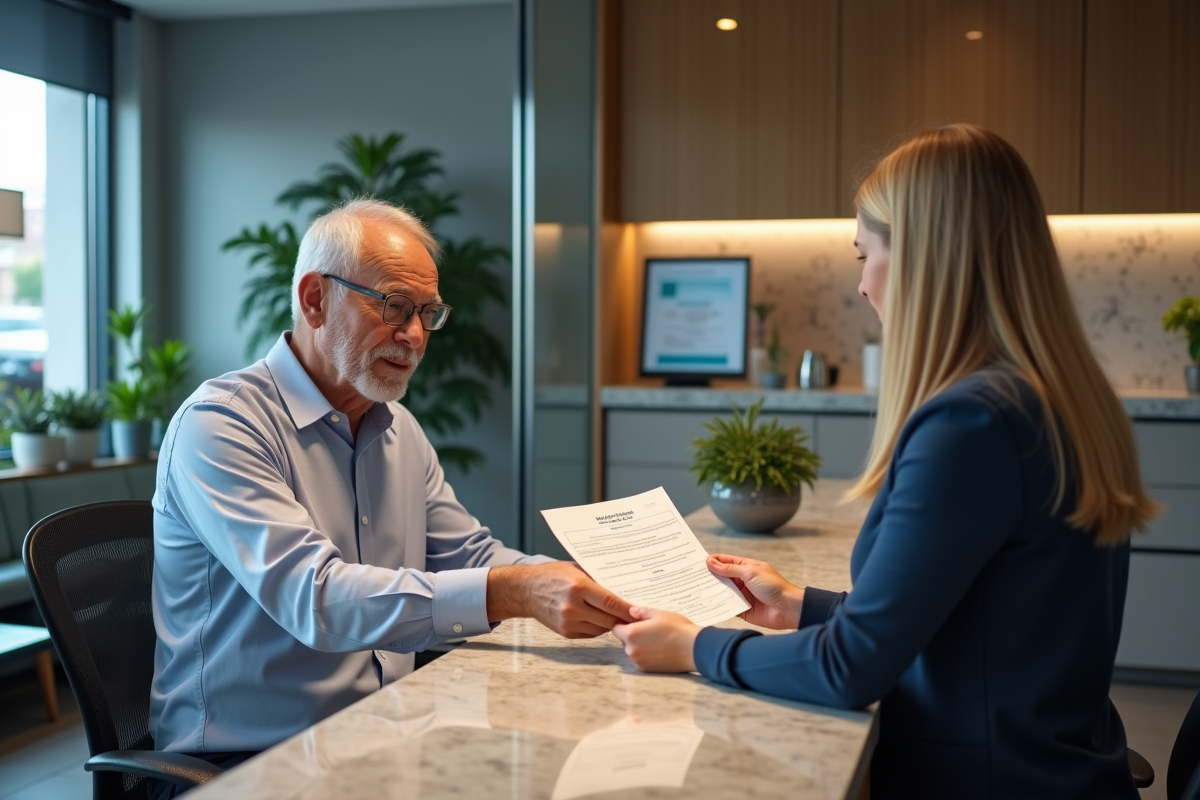 Homme remettant un formulaire de retrait crypto à un guichet bancaire