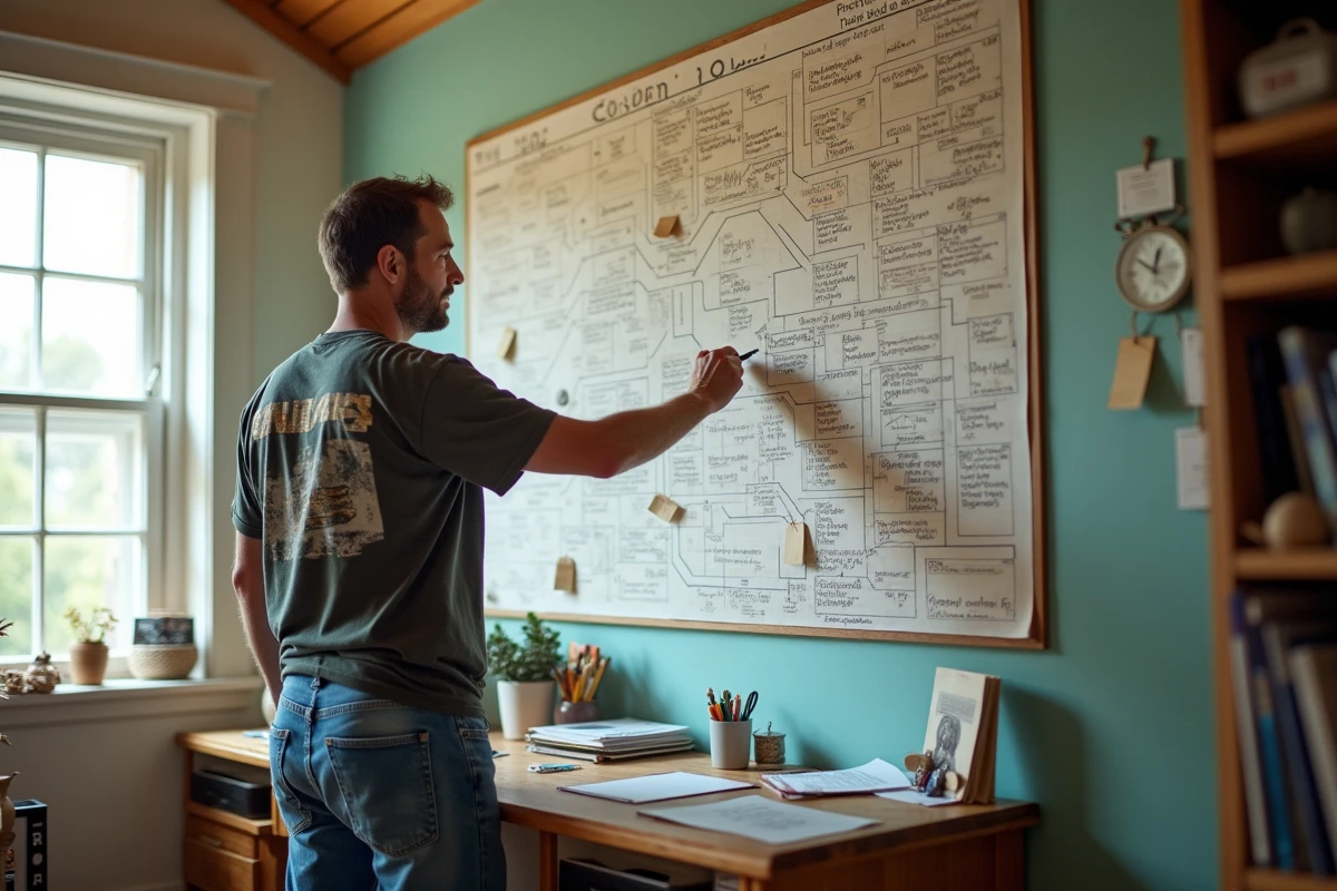 Homme marquant progrès sur un tableau d histoire
