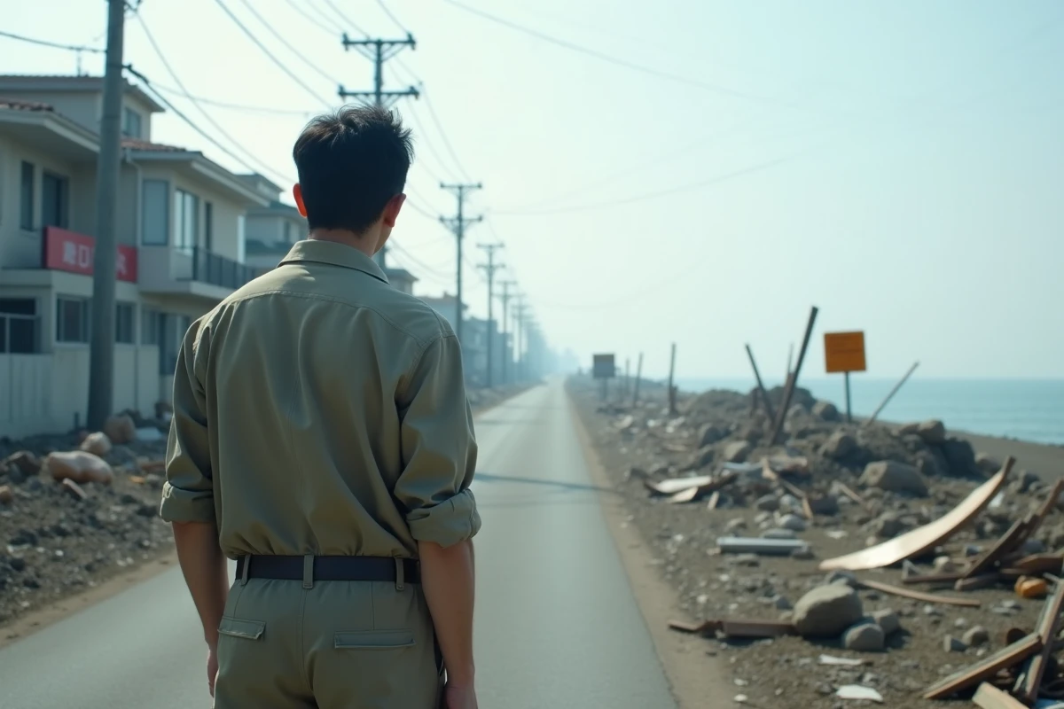 Homme japonais debout dans un paysage dévasté en bord de mer