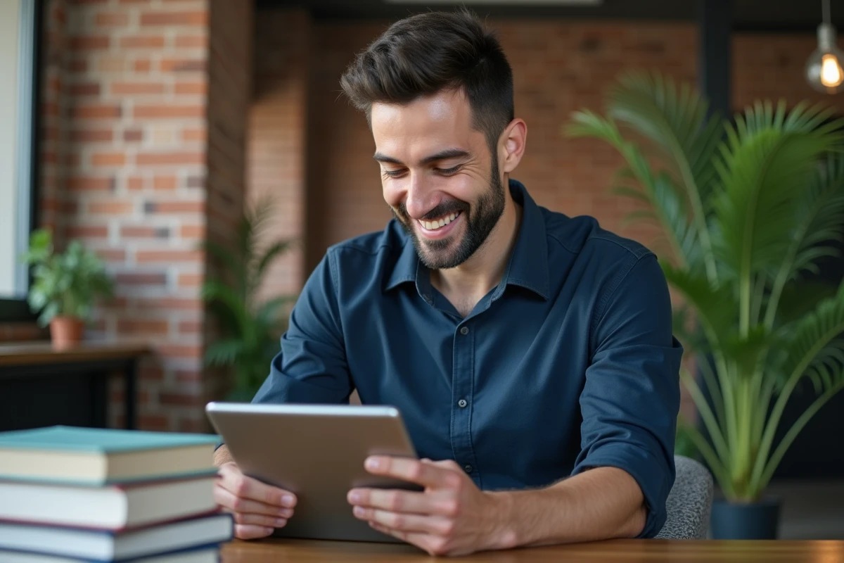 Homme lisant un ebook gratuit sur tablette dans un espace de co-working moderne avec des plantes et des murs en briques