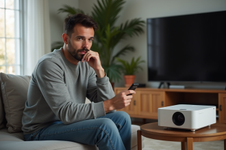 Homme en salon étudiant un projecteur moderne