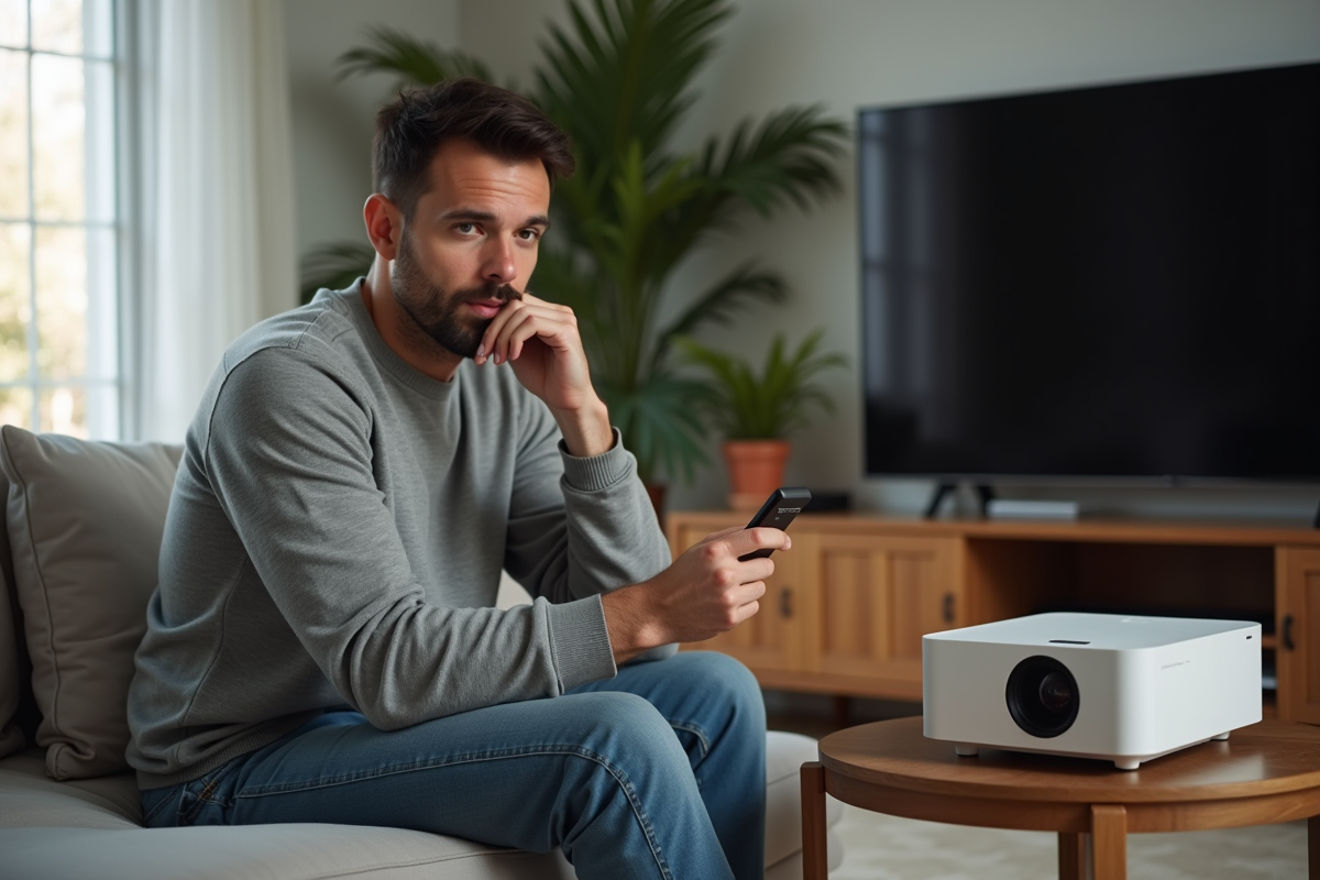Homme en salon étudiant un projecteur moderne