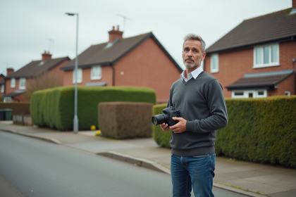 Homme en jeans devant maison moderne en banlieue