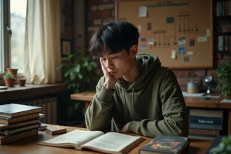 Jeune homme pensif entouré de mangas et de notes sur la critique sociale et les hiérarchies dans les récits de réincarnation isekai