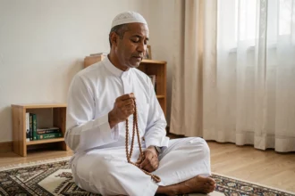 Homme musulman en tenue traditionnelle égrenant un chapelet sur un tapis de prière dans un appartement de banlieue parisienne, illustrant les heures de prière selon le madhhab