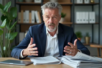 Homme politique français en réunion dans un bureau moderne