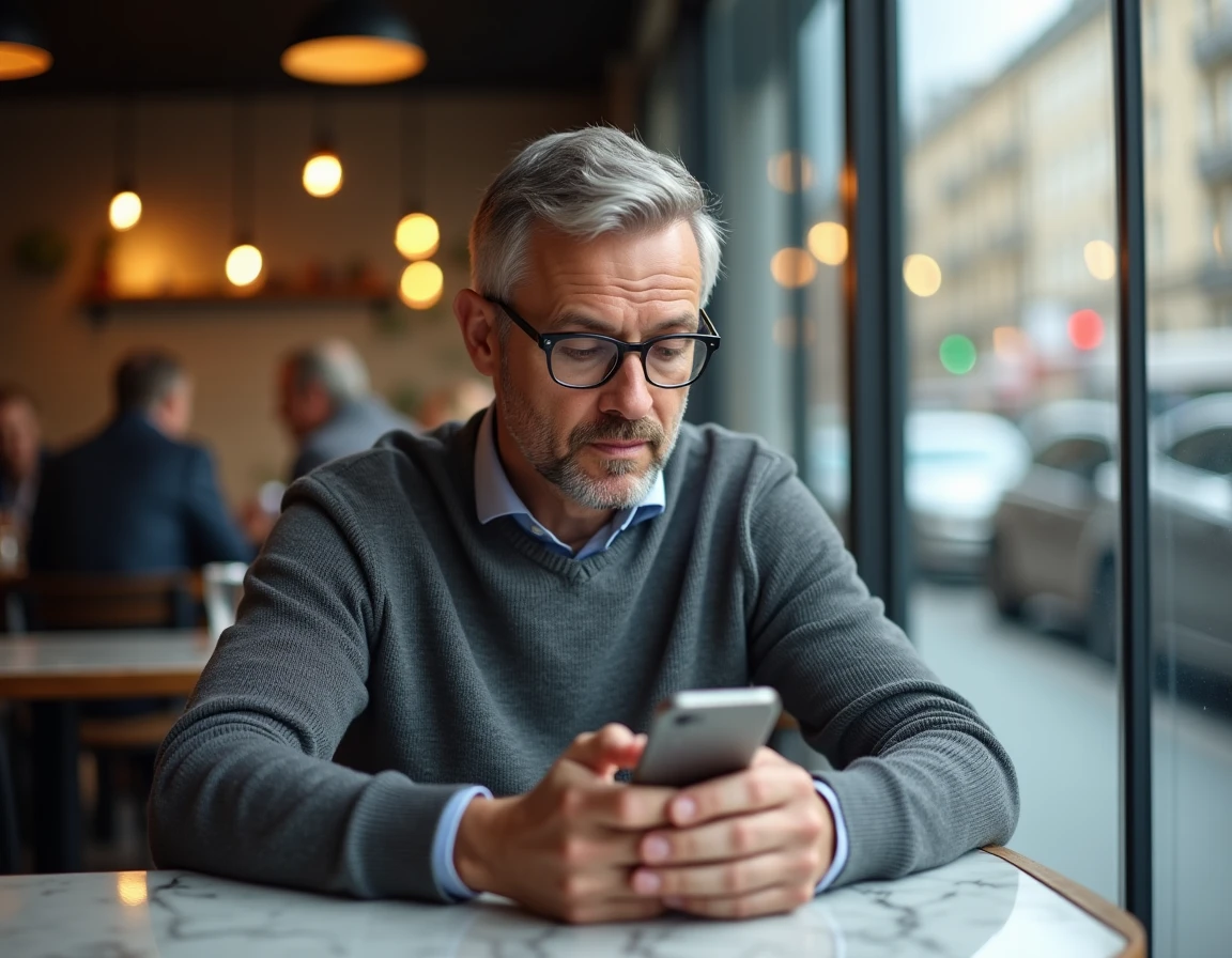 Homme utilisant son smartphone dans un café pour répondre à un quiz politique sur les partis républicains français