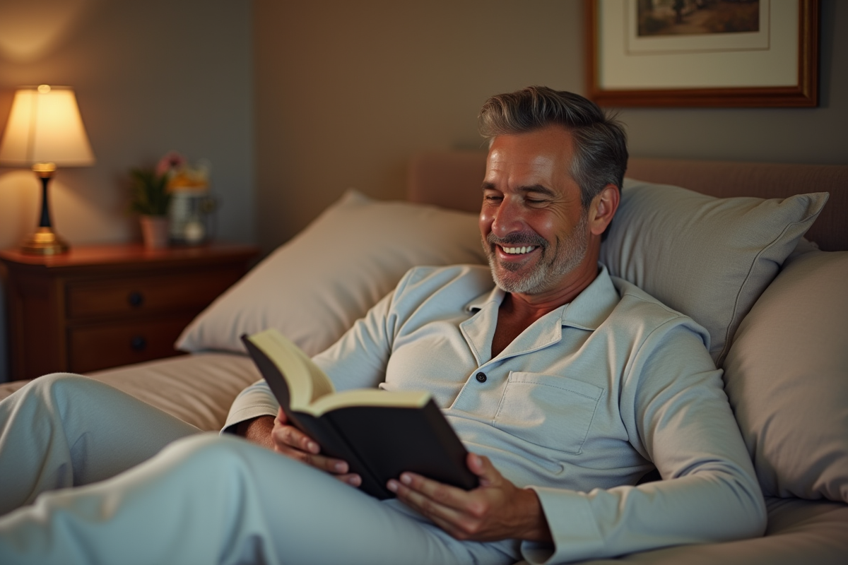 Homme souriant en pyjama dans un lit confortable