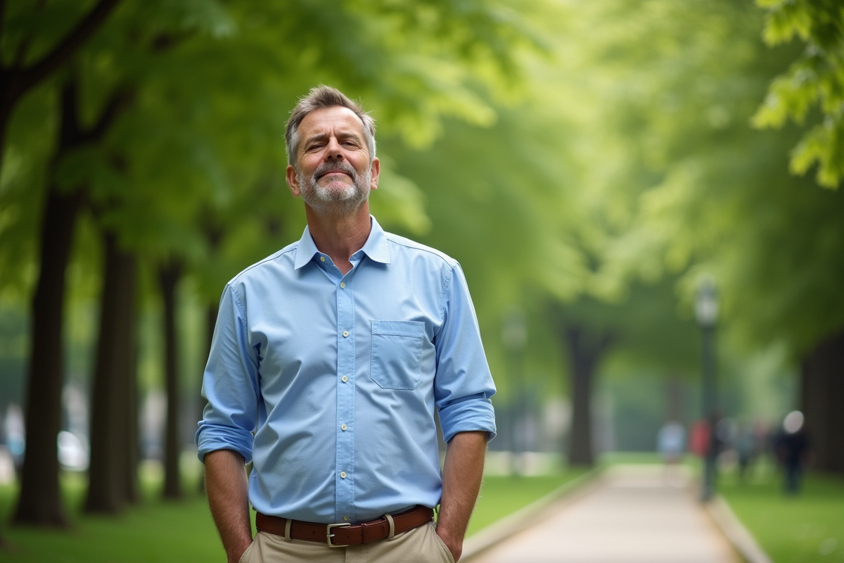 Homme en pleine respiration dans un parc verdoyant