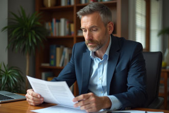 Homme d'âge moyen en costume bleu examine un relevé bancaire