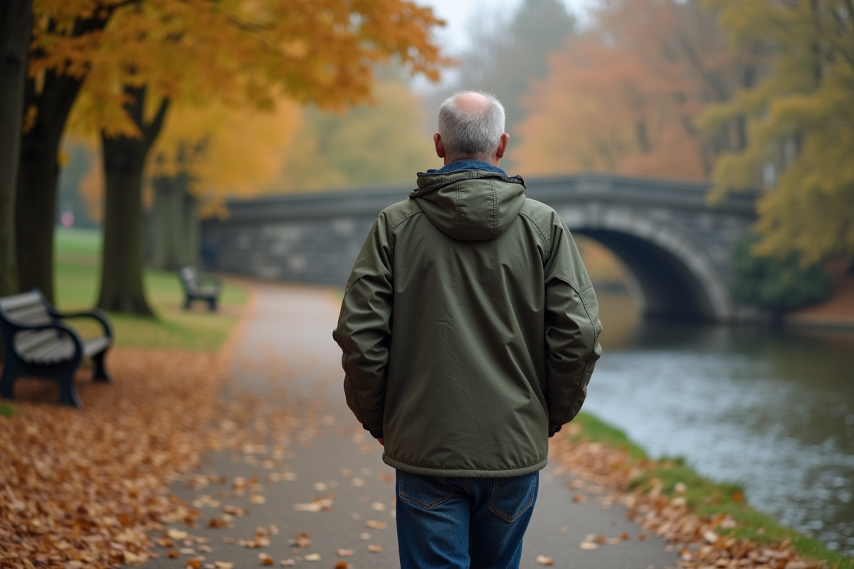 Homme marche dans un parc au bord de la rivière en automne