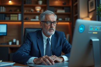 Homme d'âge moyen en costume navy inquiet sur son ordinateur