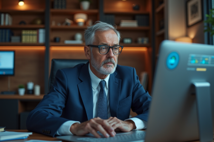 Homme d'âge moyen en costume navy inquiet sur son ordinateur