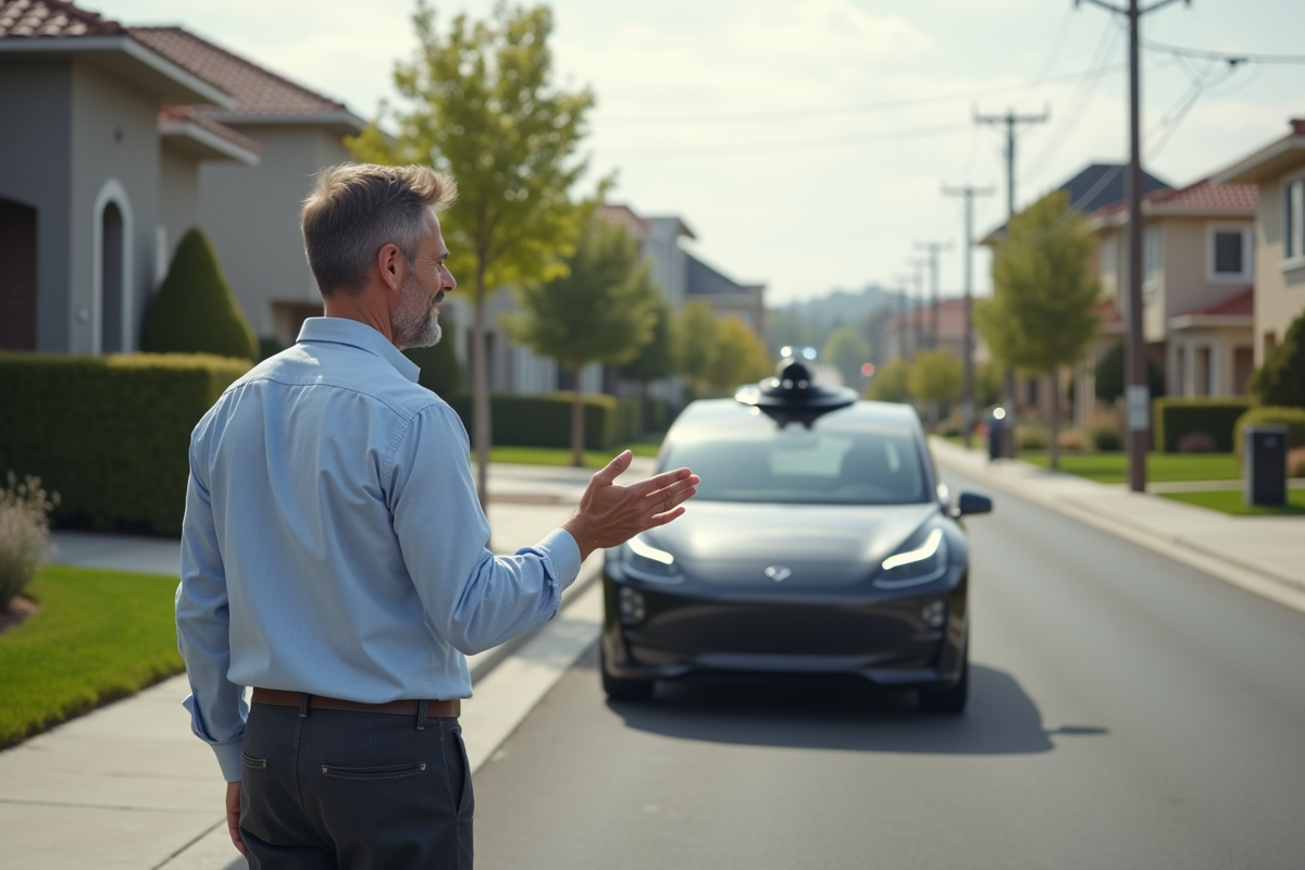 Homme souriant devant une voiture autonome dans un quartier résidentiel