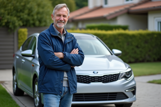 Homme d'âge moyen souriant à côté d'une voiture moderne