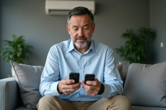 Homme d'âge moyen avec télécommandes dans un salon moderne